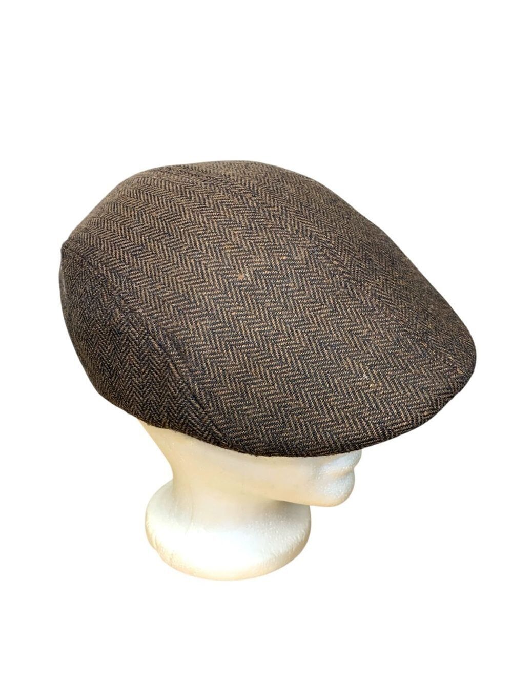 London Fog Brown Herringbone Flat Cap Wool Blend Duckbill Hat Hipster Grandpa M